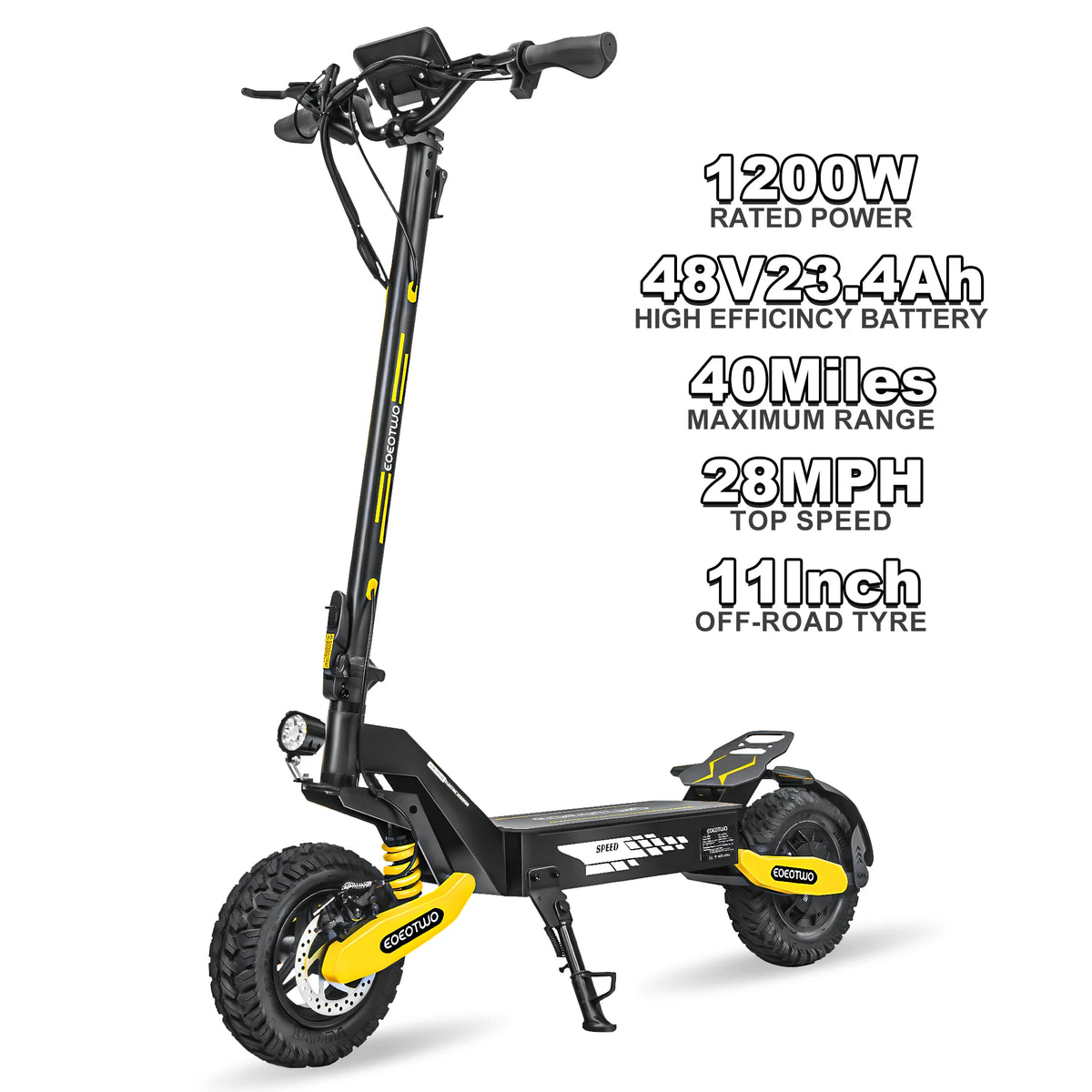 Patinete eléctrico todoterreno plegable negro y amarillo con neumáticos gruesos