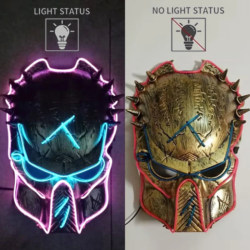 Máscara de depredador de película de Cosplay, accesorio de fiesta de cara completa, máscara Led de neón, iluminación en la oscuridad para decoración de fiesta de Halloween