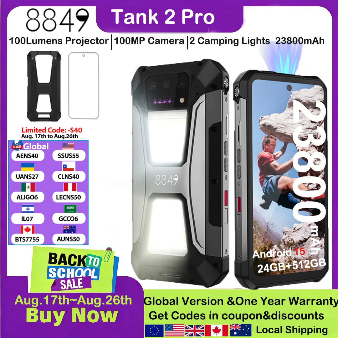 Smartphone resistente 8849 Tank 2 PRO con proyector, pantalla de 6,79" 2,4 K, 24 GB 512 GB, teléfono móvil de 23800 mAh, 120 W, teléfono Android 14