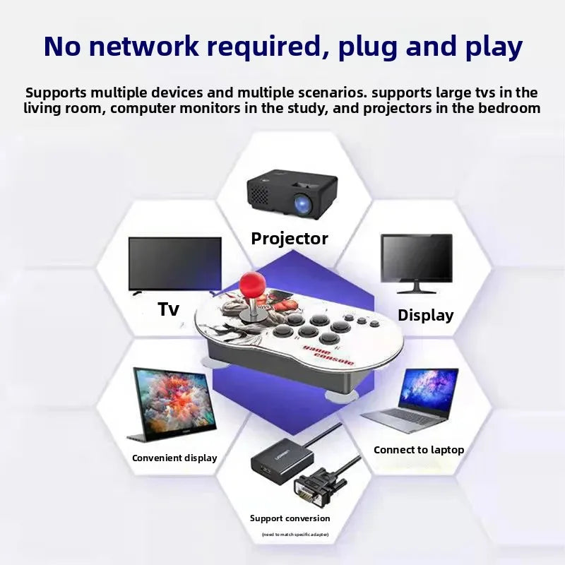 Consola de videojuegos TV M9 con joystick rojo, botones redondos y carcasa blanca-negra