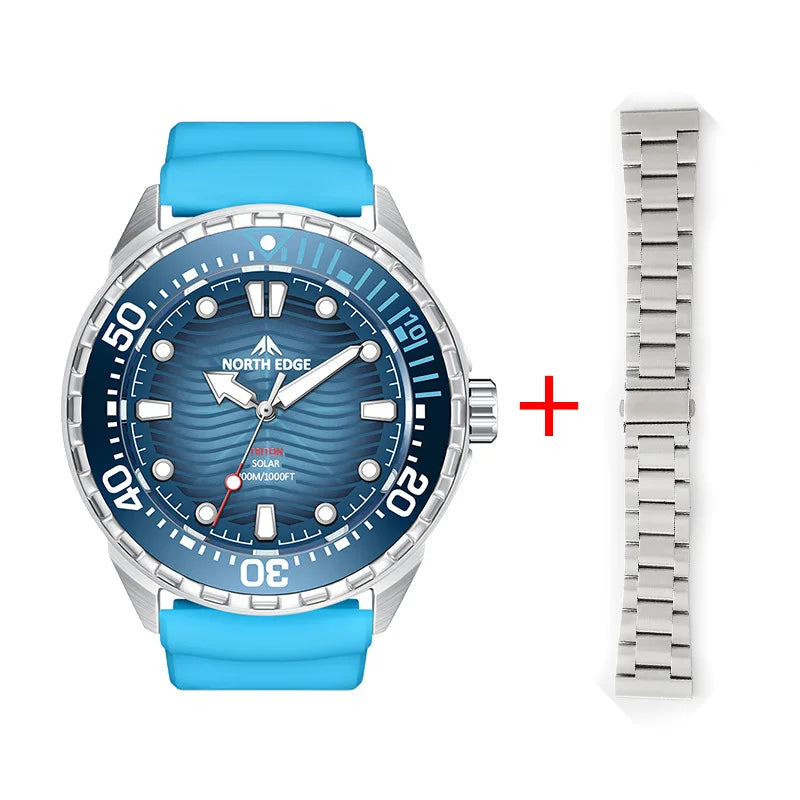 NORTH EDGE 2025 Nuevo reloj de buceo TRITON con energía solar para hombre, relojes de cuarzo de lujo para hombre, caja de acero inoxidable 316L, resistente al agua 300M