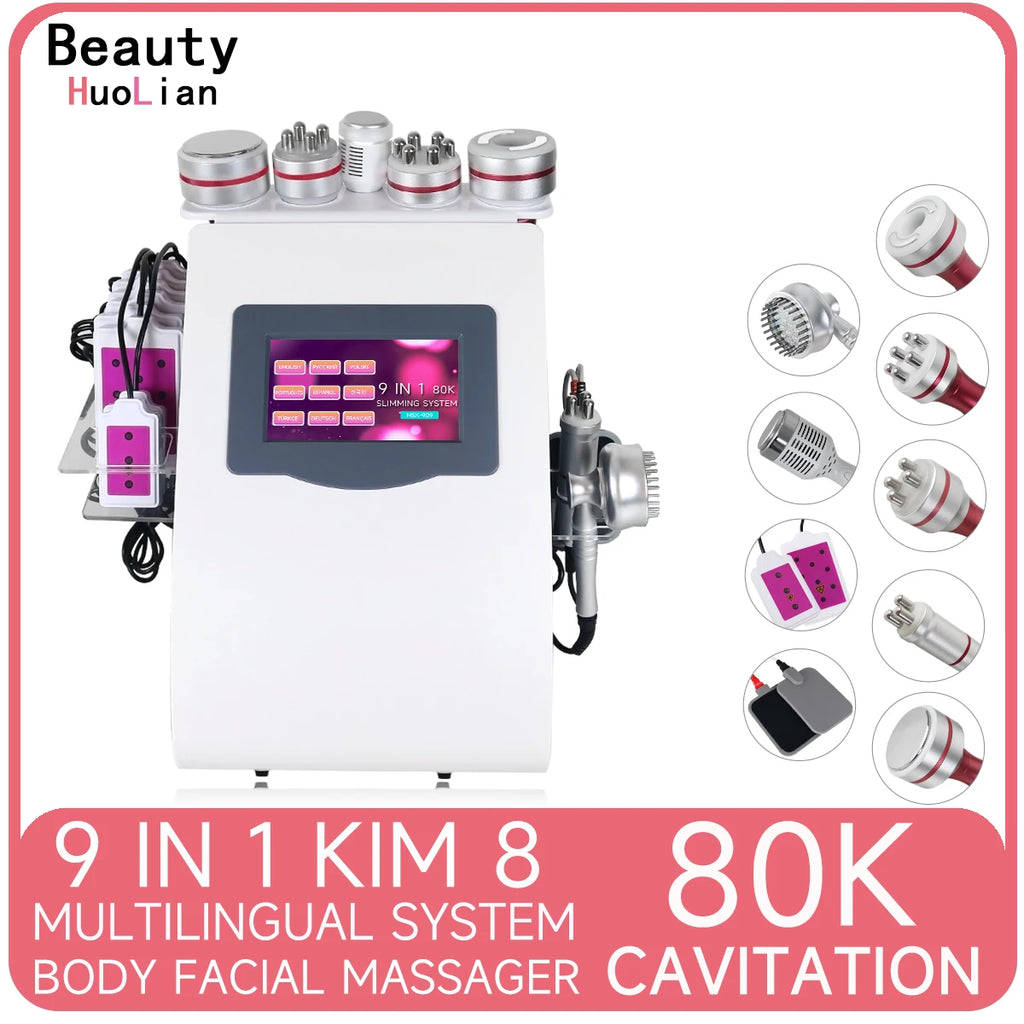 Máquina de Belleza 9 en 1, Nueva, 80K, Cavitación, Vacío, Adelgazamiento, Masaje, Radiofrecuencia RF, Dispositivo de Lifting y Tensado de la Piel del Rostro