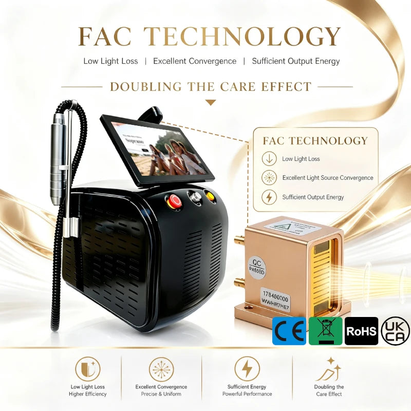 Máquina láser portátil 2 en 1 Soprano Titanium, con tecnología FAC para mejorar la energía, sistema de enfriamiento por hielo y diodo para la depilación, y equipo para la eliminación de tatuajes con tecnología de pico
