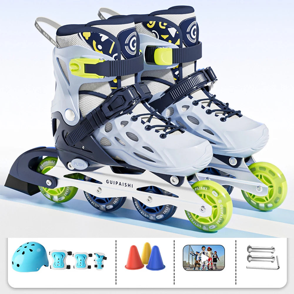 Patines en línea con casco, coderas y rodilleras, juego de bolsa para zapatos, zapatillas Flash de 4 ruedas para niños y niñas, zapatos de Skate ajustables