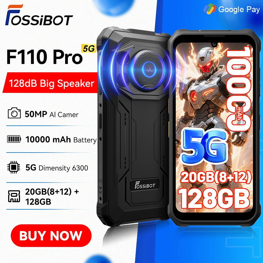 Smartphone resistente Fossibot Android 15, 8 GB RAM, 128 GB ROM, 10000 mAh, 6,745", 50 MP, altavoz de 128 dB, NFC [Teléfono F110 PRO]
