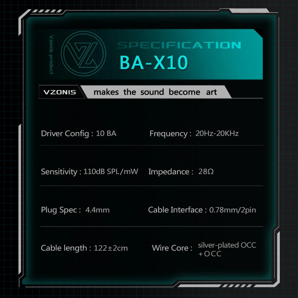 Ficha de especificaciones BA-X10: configuración del driver, sensibilidad y frecuencia