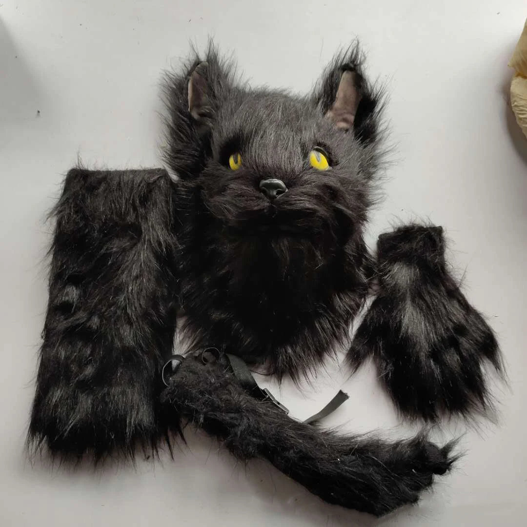 Máscara de látex con pelo de gato negro, casco aterrador, disfraz divertido de animal, capucha con pelo, accesorio para la cabeza, para adultos, para fiestas de Halloween