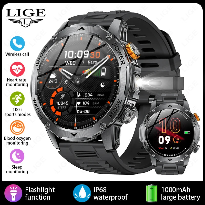 LIGE Nuevo reloj inteligente para hombre con batería de gran capacidad de 1000 mAh, linterna exterior, llamadas Bluetooth, resistente al agua, reloj inteligente deportivo de fitness