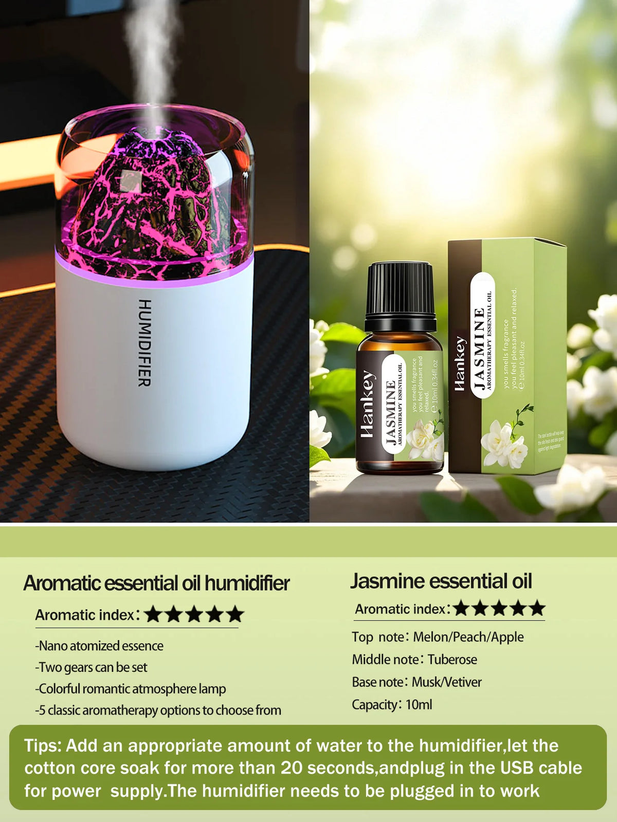 El difusor de aromaterapia USB humidificador con lámpara de color volcánico simulado es adecuado para usar en automóviles, hogares, dormitorios, como regalo,