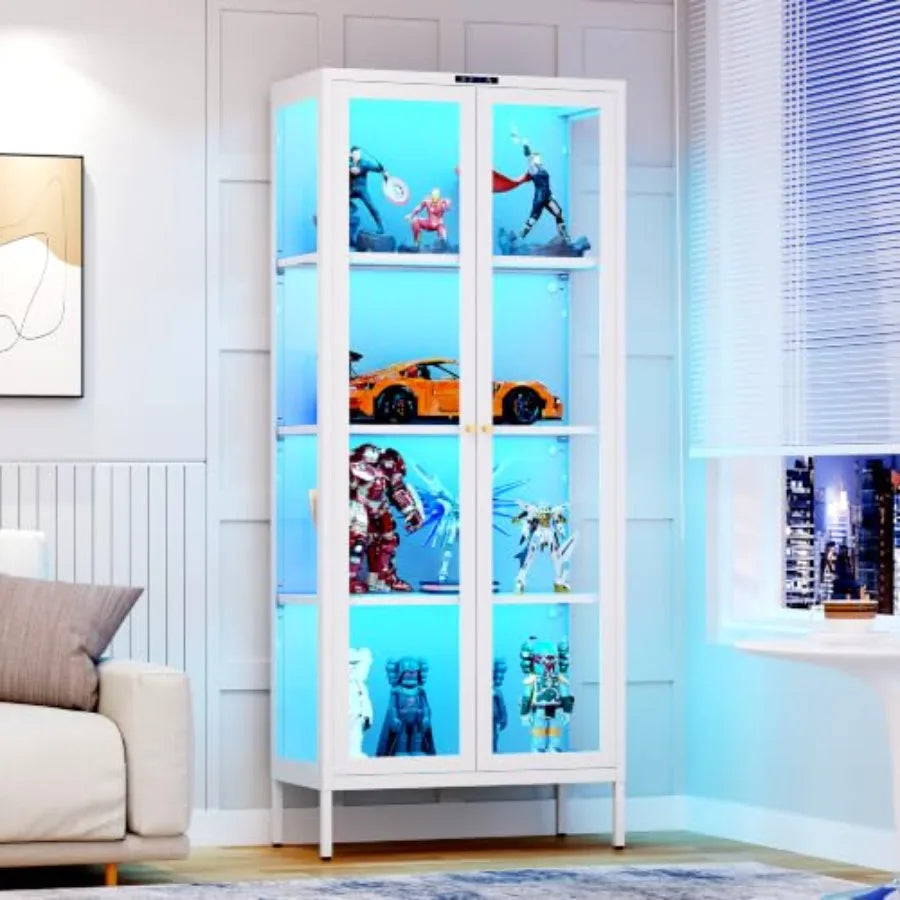 Vitrina de vidrio blanca con puertas de vidrio y luz LED azul uniforme en los estantes.