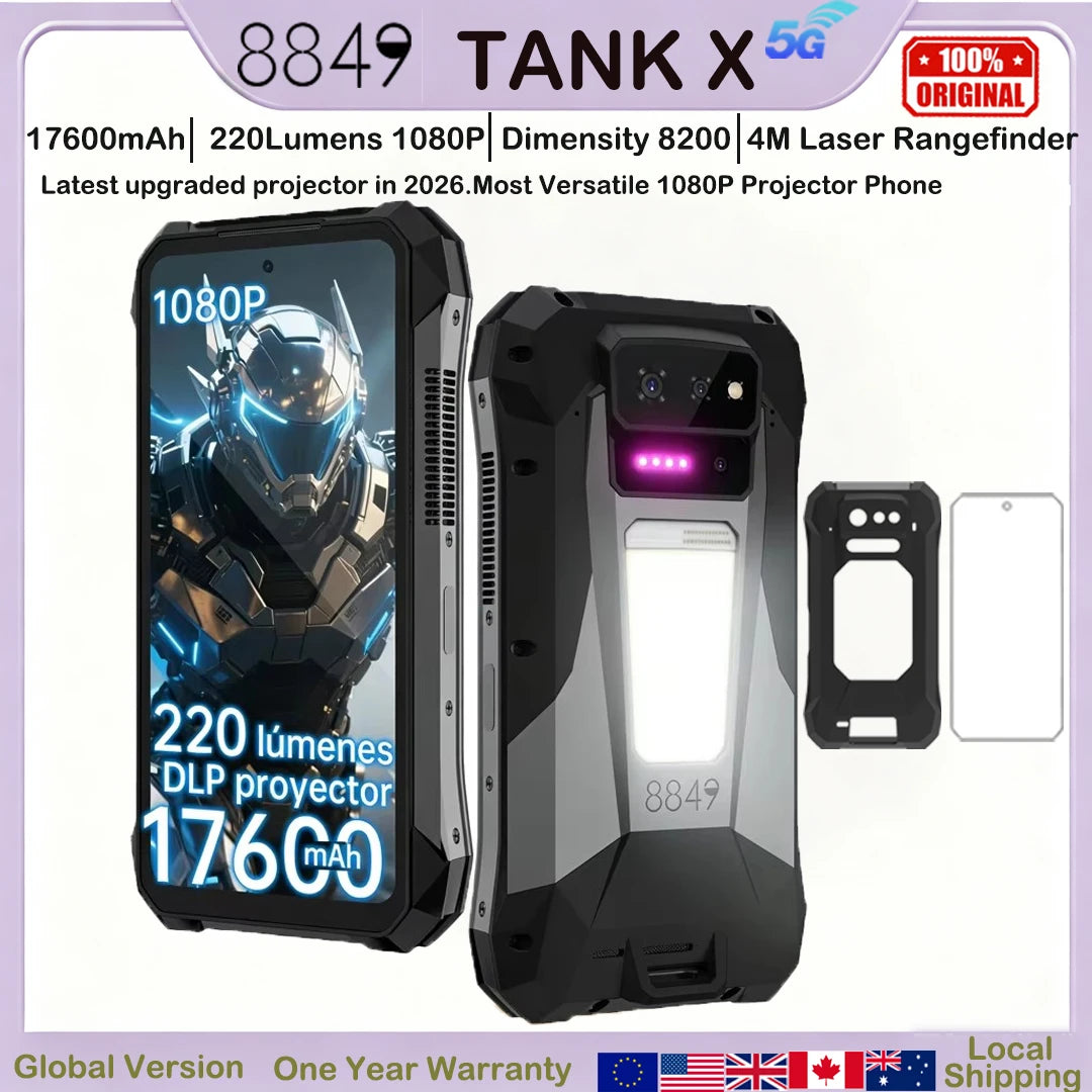 Smartphone Resistente 8849 Tank X de Unihertz con Proyector de 220 Lúmenes y 1080P, Android 15, 17600mAh, 512GB, Dimensity 8200, NFC, Versión Nocturna 2026