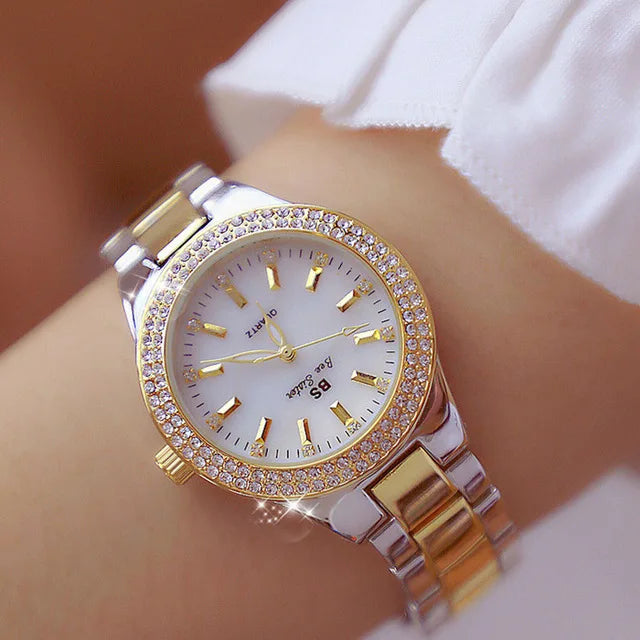 Relojes de pulsera para mujer, reloj de vestir dorado, reloj con diamantes de cristal, relojes de acero inoxidable plateados para mujer, Montre Femme