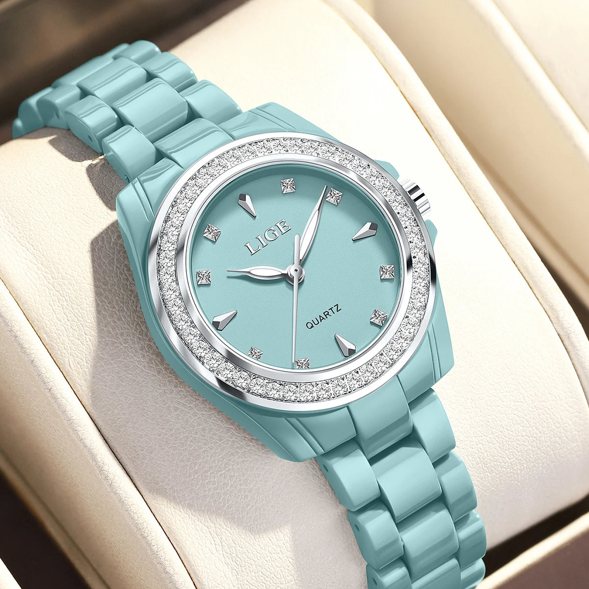 Reloj de cuarzo LIGE TOP para mujer, 2026, elegante, de cerámica, a la moda, resistente al agua, luminoso, estilo vintage, reloj para mujer + CAJA