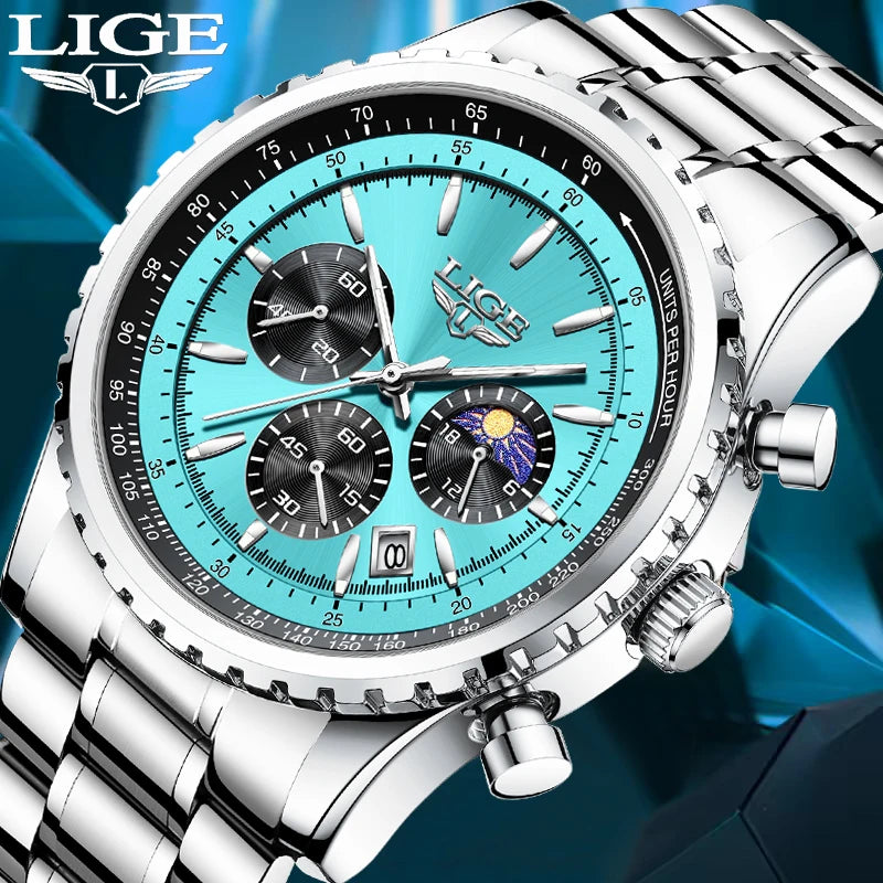 Reloj para hombre LIGE, nuevo reloj de acero completo, resistente al agua, luminoso, de cuarzo, de moda, militar, con fecha y cronógrafo.