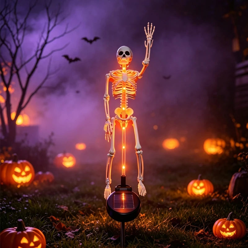 1 pieza, esqueleto solar brillante para jardín, impermeable, para exteriores, estaca LED morada y naranja, decoración de terror para fiestas de Halloween, senderos y patios