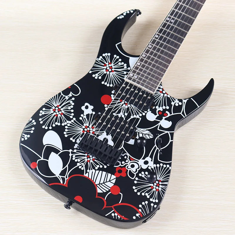 Guitarra Eléctrica de 7 Cuerdas, 39 Pulgadas, Cuerpo de Madera de Tilo con Diseño Floral Negro, Mástil de Arce Canadiense, Acabado Brillante, Envío Gratuito a Estados Unidos