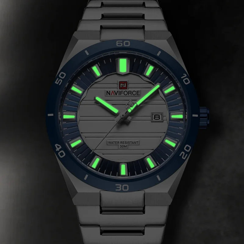 Reloj de pulsera para hombre NAVIFORCE NF9268 de acero inoxidable, resistente al agua 3ATM, diseño sencillo y moderno con manecillas luminosas y calendario.