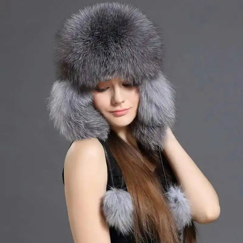 Gorro de Piel de Zorro Auténtica 2026 para Mujer, Gorro de Invierno con Orejeras, Estilo Ruso Ushanka, Gorro de Esquí, Gorro de Piel Natural para Mujer, Gorro Grueso de Piel para la Nieve