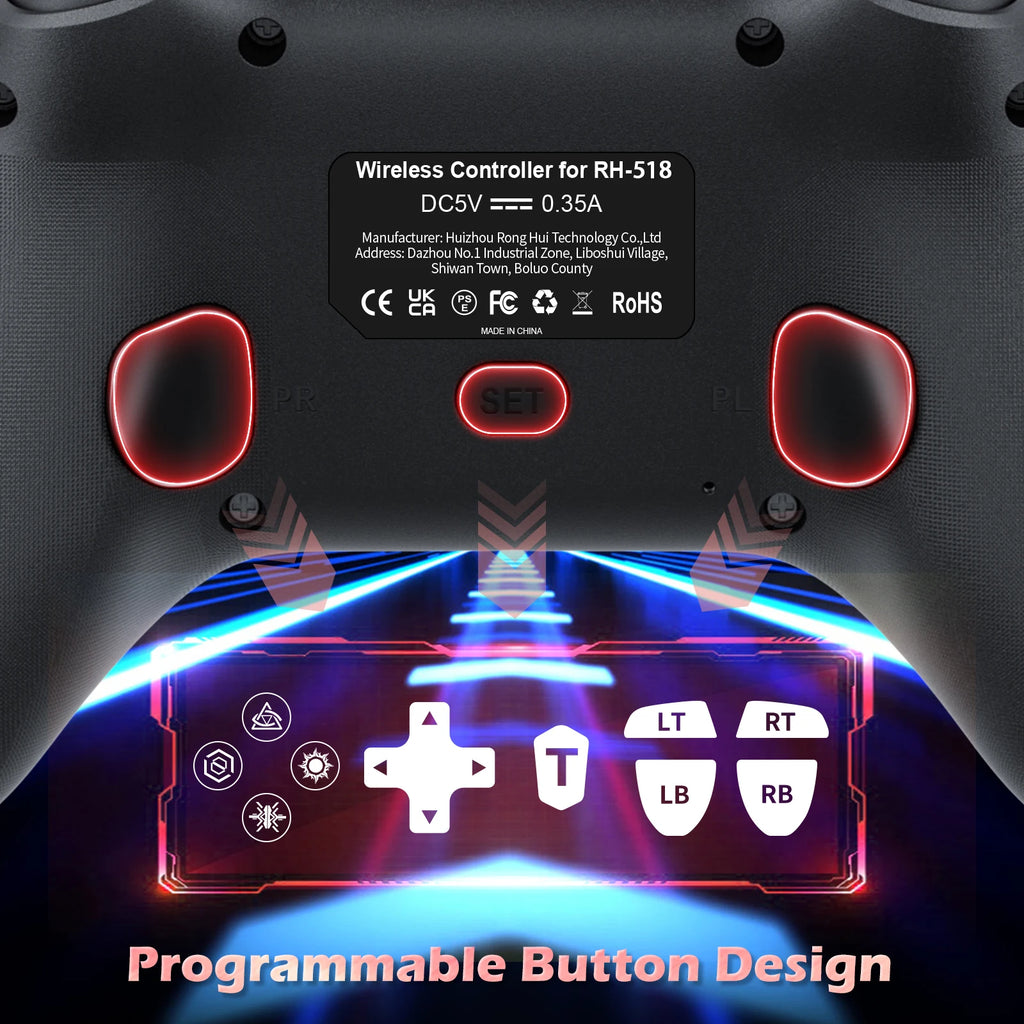 Mando con cable negro, botones con anillos LED y cruceta; vista frontal.