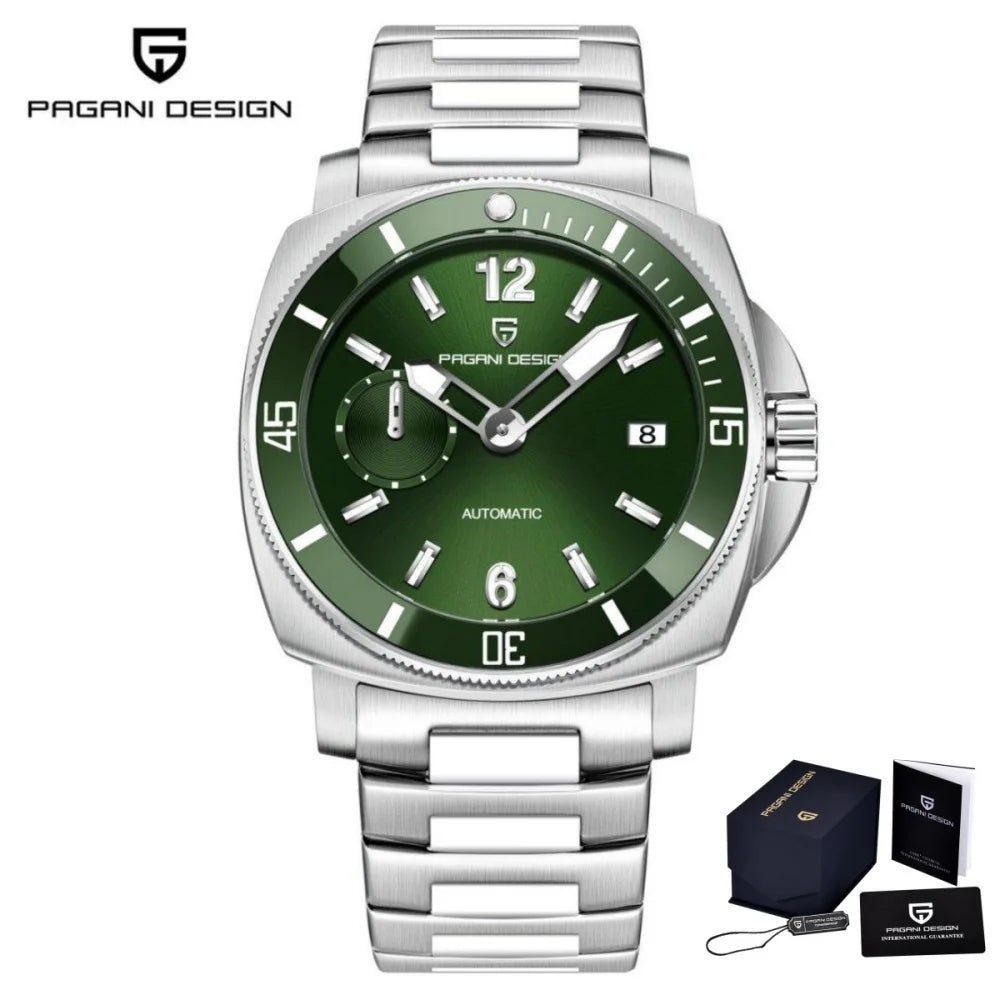 Reloj mecánico PAGANI DESIGN PD-1820 para hombre con fecha, totalmente de acero inoxidable, cristal de zafiro, luminoso, resistente al agua 10Bar, reloj automático