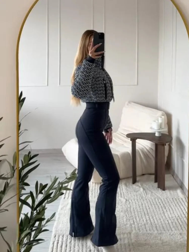 Mono de esquí para mujer, abrigos con cinturón y cierre de cuello levantado, pantalones acampanados, ropa de abrigo cálida para invierno, conjuntos de una pieza para deportes de nieve