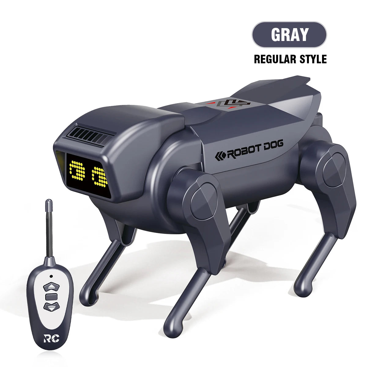 Perro robot RC gris de estilo regular con pantalla LED y mando a distancia