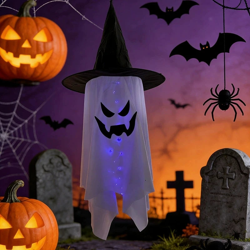 Sombrero de Bruja LED Brillante de Halloween, Colgantes de Fantasma, Adorno Colgante Iluminado, Decoración de Puerta Exterior para Fiestas y Escenarios de Jardín