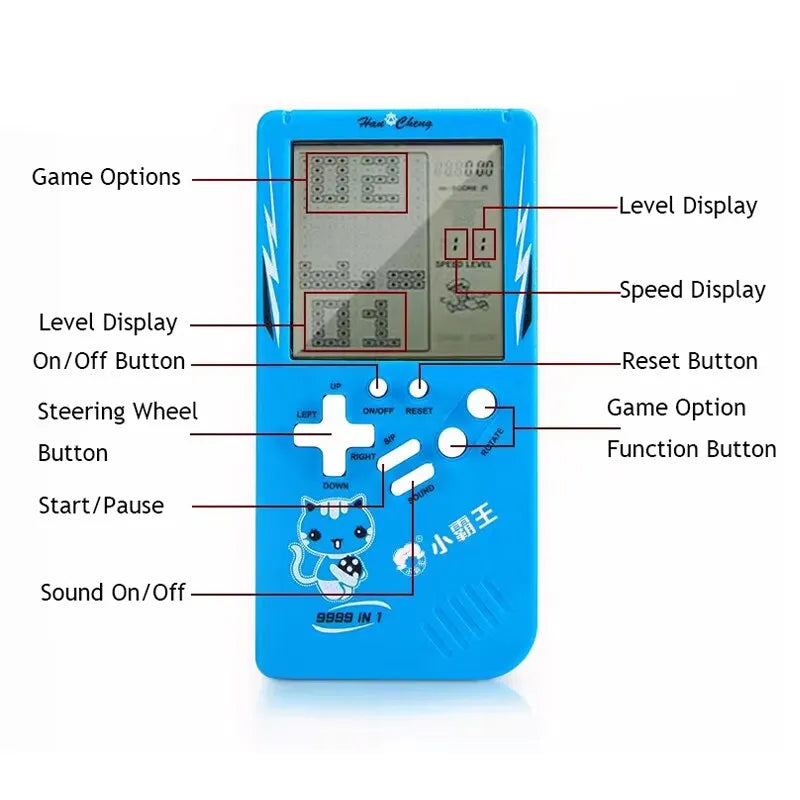 Consola de juegos portátil retro, juguete de rompecabezas electrónico clásico, pantalla grande, color azul, juguetes para niños