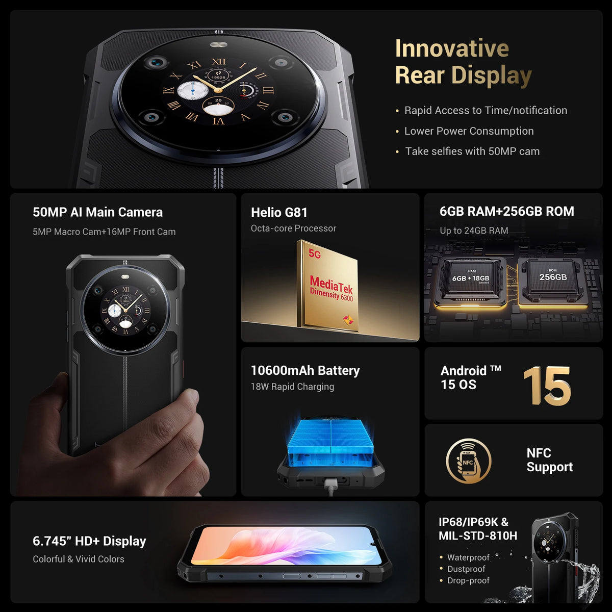 [Enviado desde Europa] FOSSIBOT F109S Teléfono robusto 4G, pantalla HD+ de 6,75 pulgadas, 24(8+16)GB RAM + 256GB ROM, MediaTek Helio G81 4G, batería de 10600mAh, carga rápida de 18W, cámara de 50MP+16MP, pantalla trasera de 1,32 pulgadas, Android 15, NFC