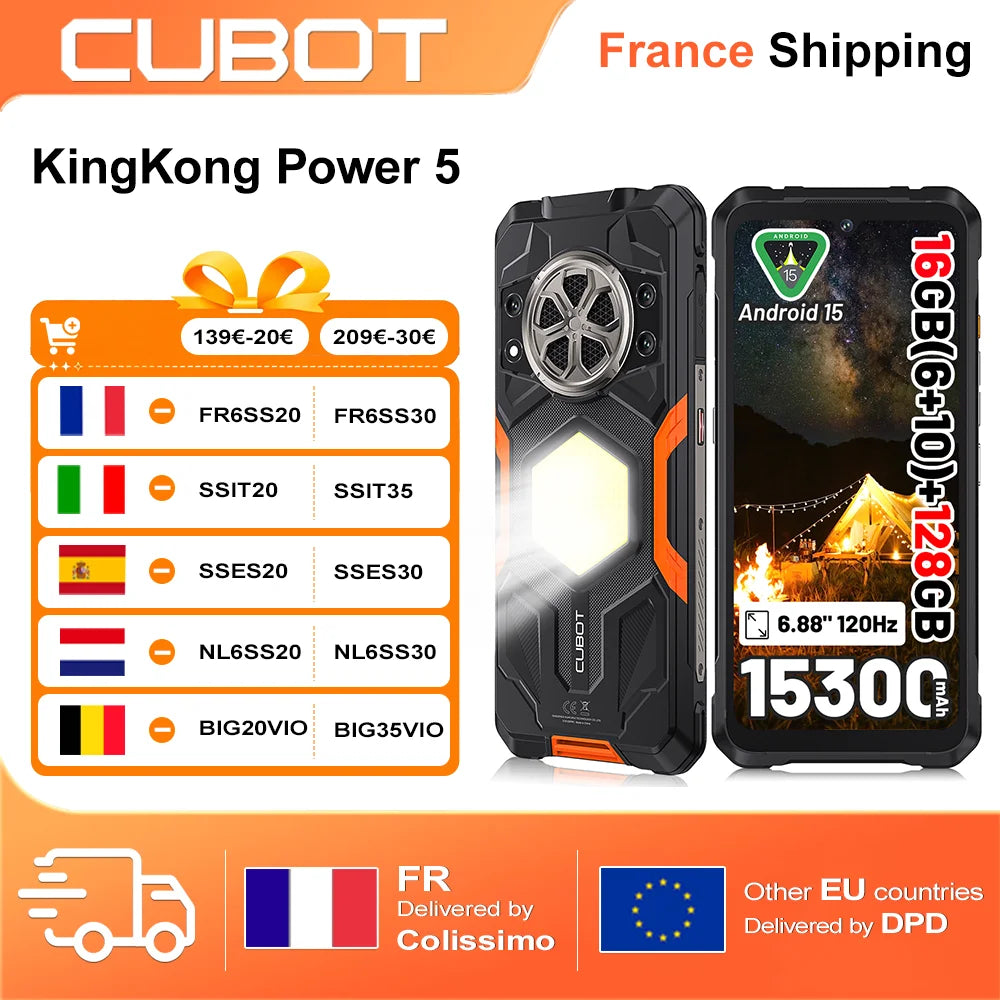 Smartphone ultrarresistente CUBOT KingKong Power 5 G100, 16 GB de RAM (6+10)+128 GB de ROM, Android 15, 15300 mAh, 6,88", 120 Hz, 64 MP, teléfono con luz para acampada