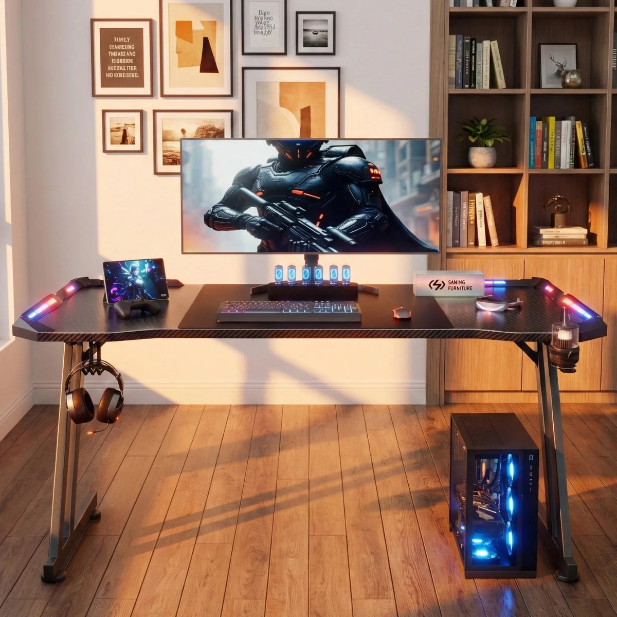 Escritorio gaming en forma de Z con luces LED multicolor y espacio para monitor