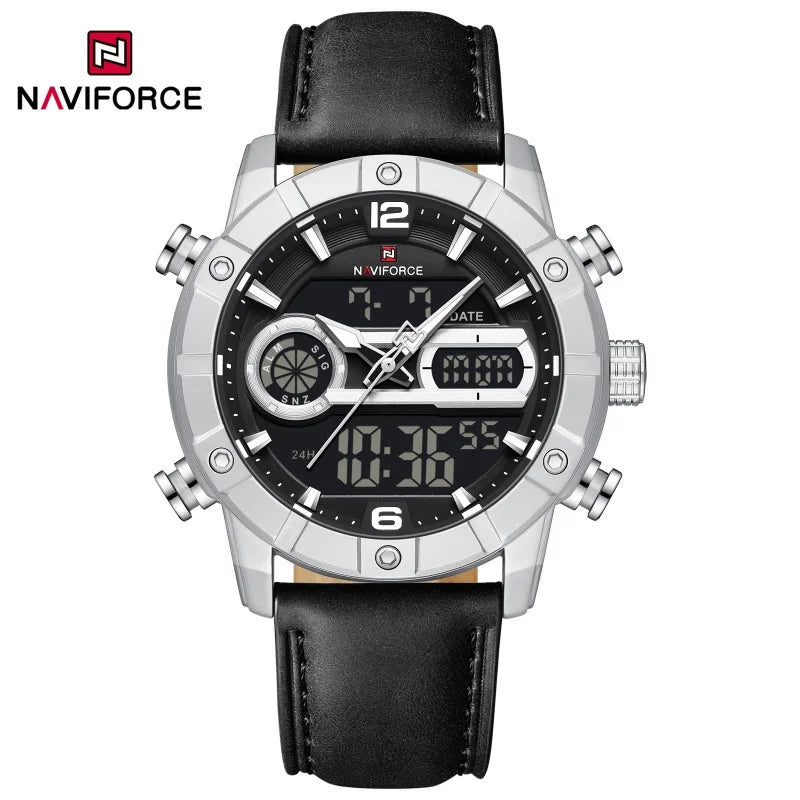 Reloj para hombre NAVIFORCE NF9263 con correa de cuero genuino, cronógrafo, alarma, pantalla luminosa resistente al agua, reloj para hombre con correa de cuero genuino