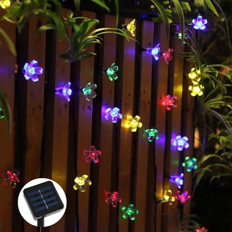 Guirnalda de luces solares con flores de cerezo para jardín, luces decorativas impermeables para exteriores, césped, caminos y Navidad