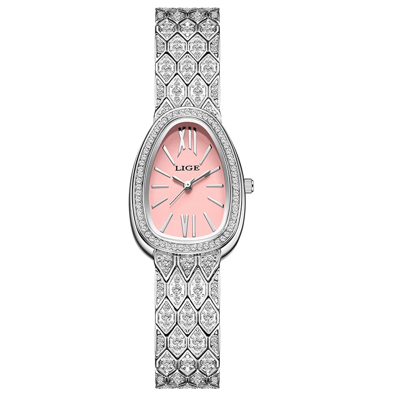 Relojes para mujer LIGE, reloj de pulsera de lujo a la moda, con esfera ovalada incrustada de diamantes y números romanos, reloj de cuarzo para mujer