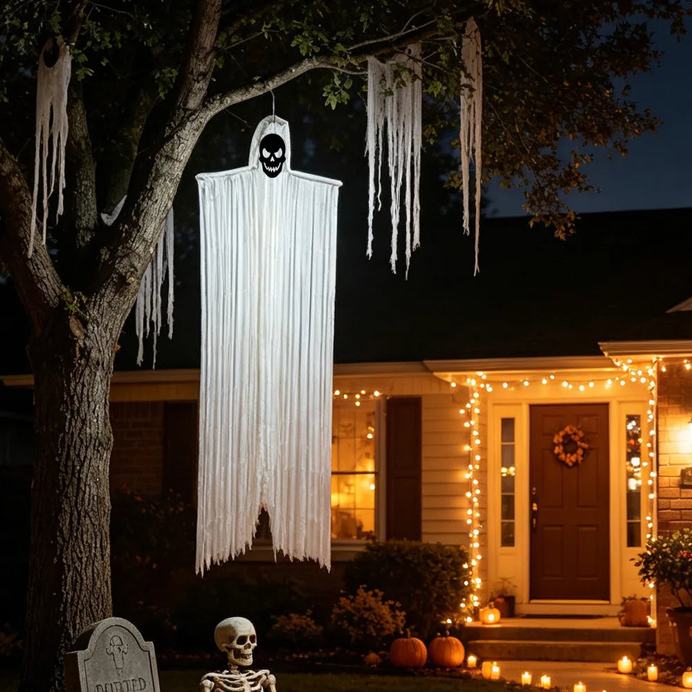Decoración de fantasma colgante para Halloween, adorno de fantasma de gasa con cara de calavera espeluznante, fantasma volador espeluznante para decoración de árboles, porches, patios y fiestas.