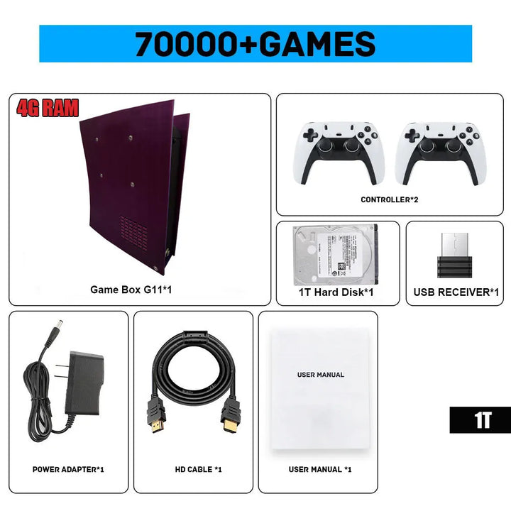 Consola de videojuegos retro G11, disco duro de 500 GB, con más de 70 000 juegos, salida de alta definición 4K, más de 60 emuladores, compatible con Xbox y Wii, y con mando inalámbrico.