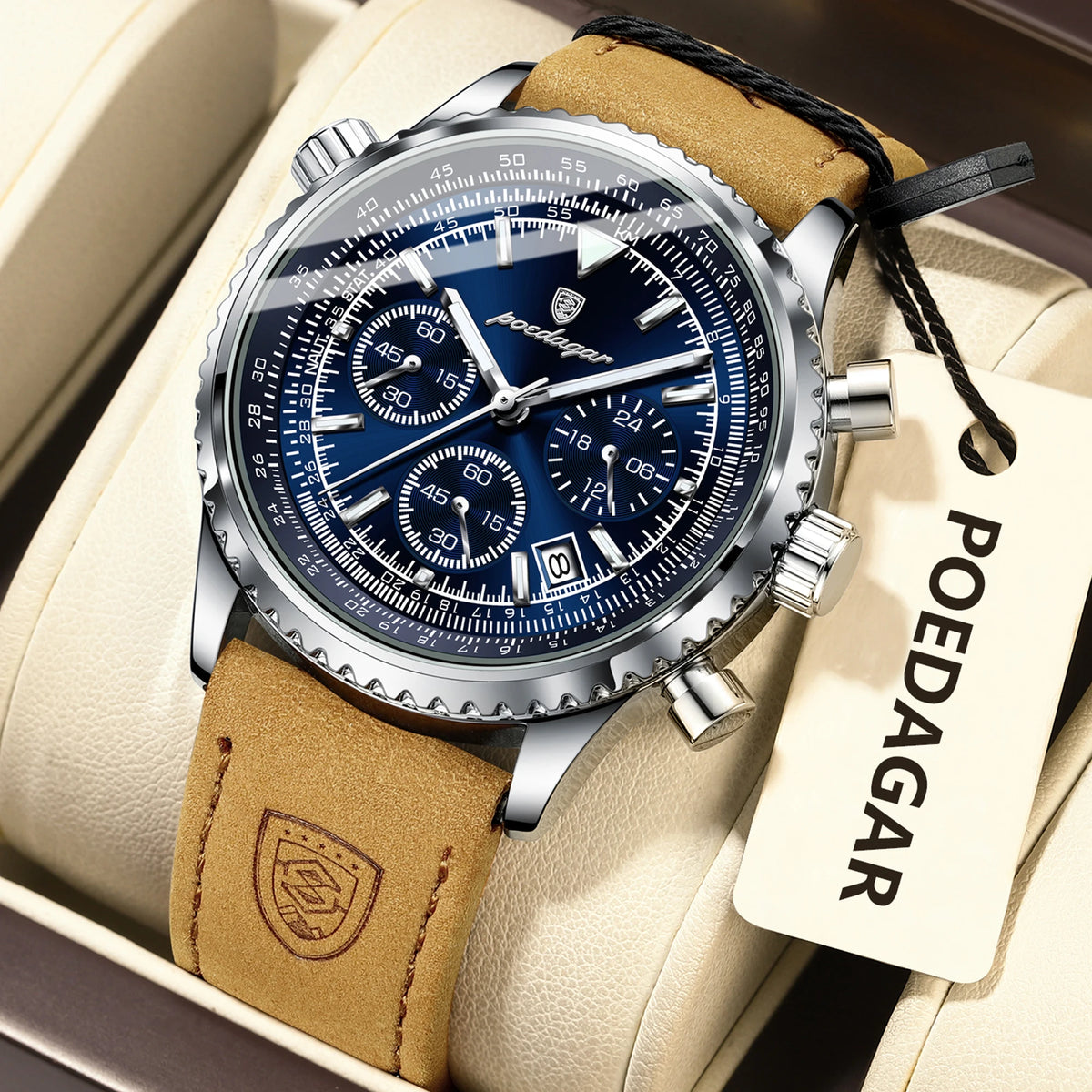 Reloj de cuarzo para hombre POEDAGAR, de lujo, para negocios, resistente al agua, luminoso, con fecha, cronógrafo y correa de piel.