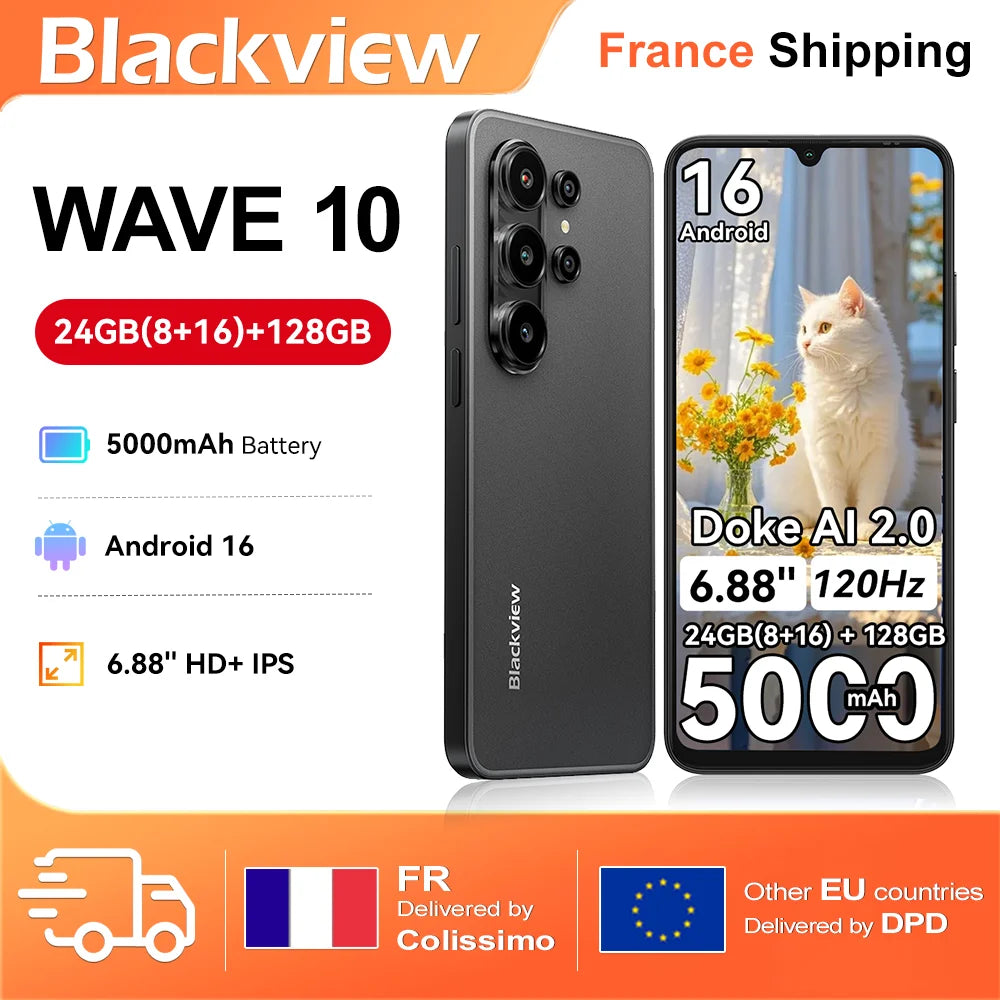 Smartphone BLACKVIEW WAVE 10 24GB(8+16)+128GB 120Hz Android 16 32MP+13MP 5000mAh 6.88'' HD+ IPS Dual SIM 1080P FHD Doke AI 2.0