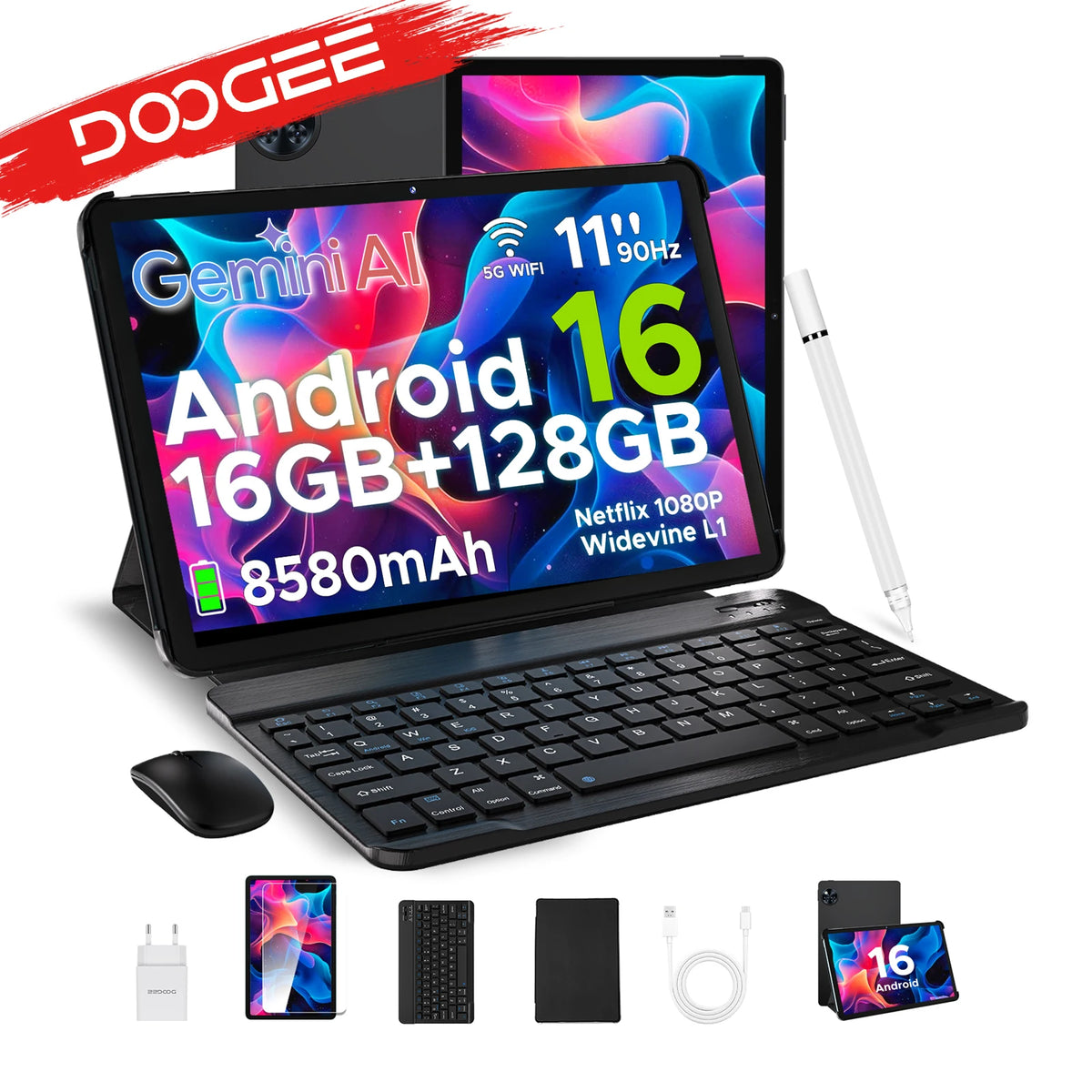 Tablet PC DOOGEE U11 con Android, pantalla ultraclara de 16 pulgadas y 90Hz, 4 GB de RAM, 128 GB de ROM, batería de 8580 mAh, altavoz dual, compatible con Widevine L1