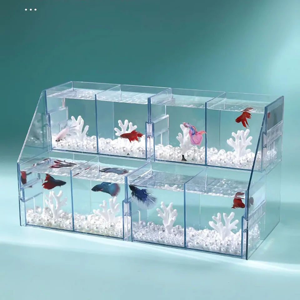 Acuario decorativo de acrílico para peces de pelea, pecera pequeña, acuario de escritorio transparente, acuario creativo de múltiples compartimentos para bricolaje