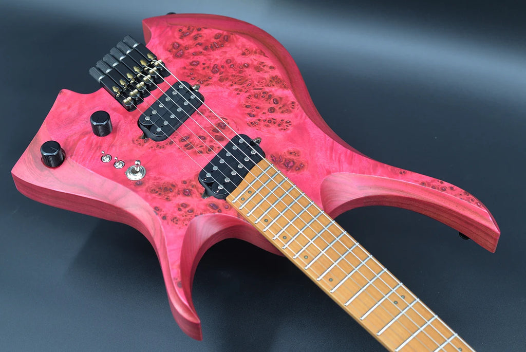 Guitarra eléctrica sin cabeza NK 2026, 6 cuerdas, trastes en abanico, color rosa, madera de álamo con vetas, 3 piezas, mástil de madera de wengué