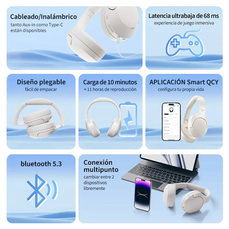 Auriculares inalámbricos QCY H3 Lite con cancelación activa de ruido (ANC), Bluetooth 5.3, controlador de 40 mm, sonido HiFi, audífonos supraaurales con conexión multipunto