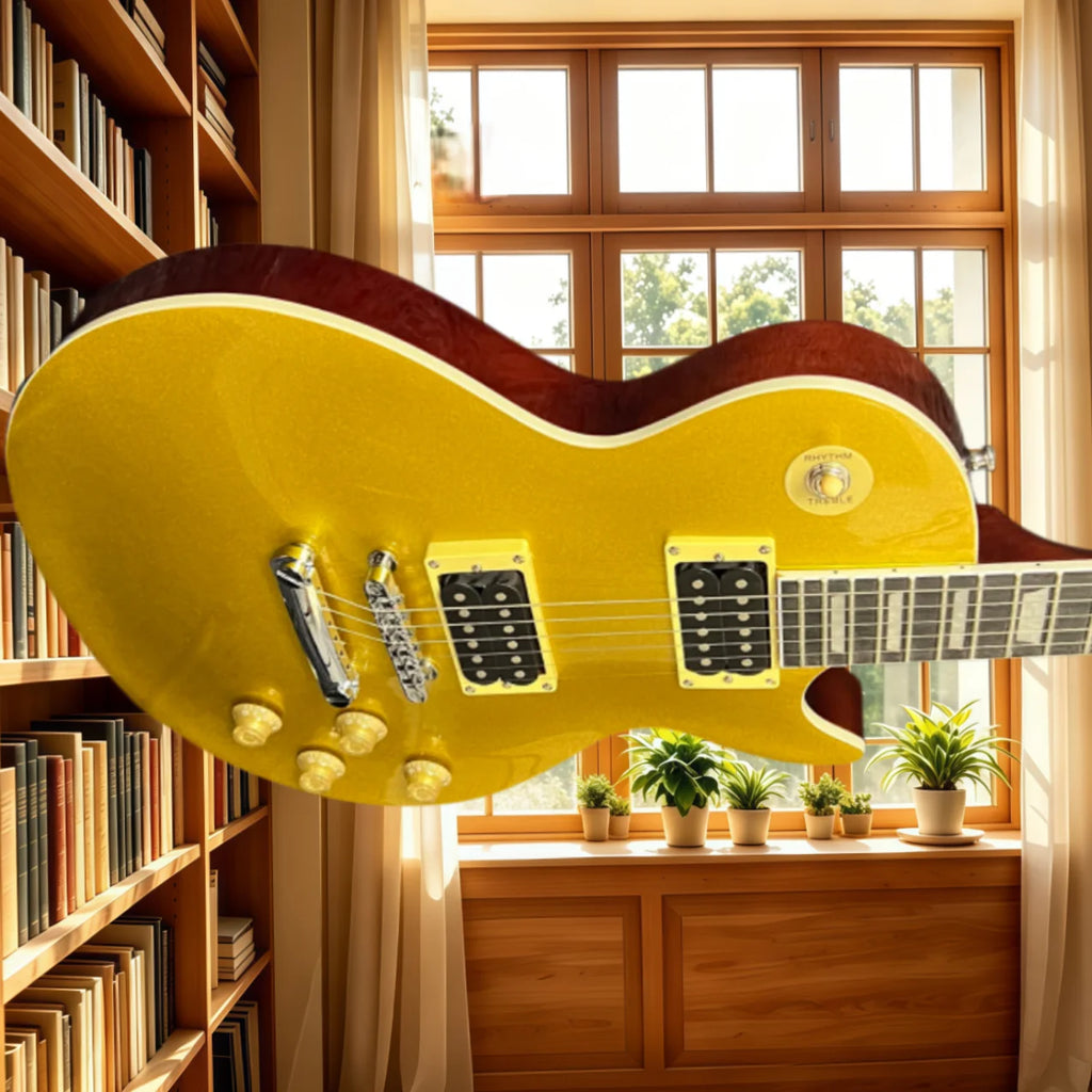 Guitarra de rock alemana para principiantes, lista para enviar, con puente fijo, acabado dorado, mástil de palisandro, pastillas HH, instrumento de cuerda de nivel básico para aficionados a la música.