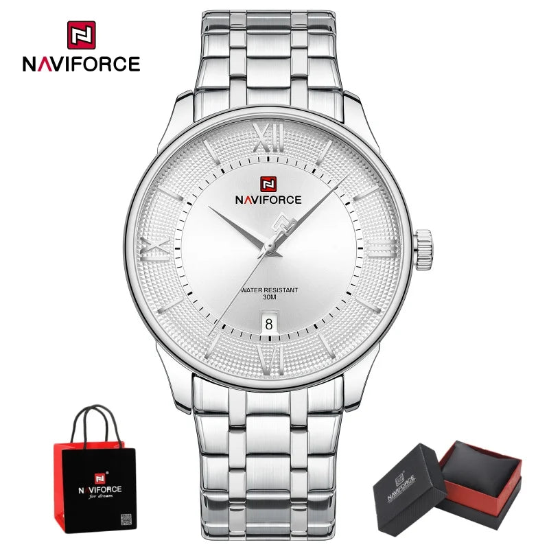 NAVIFORCE Men Elegant Quartz Wristwatch 3ATM Waterproof Calendar Stainless Steel Business Formal Watch Wristwatch Gifts box
