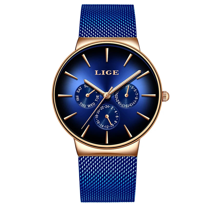 Reloj de mujer LIGE Fashion Luxury, elegante y casual, deportivo con correa de malla, reloj de cuarzo para mujer, sencillo, con fecha, día de la semana e impermeable.