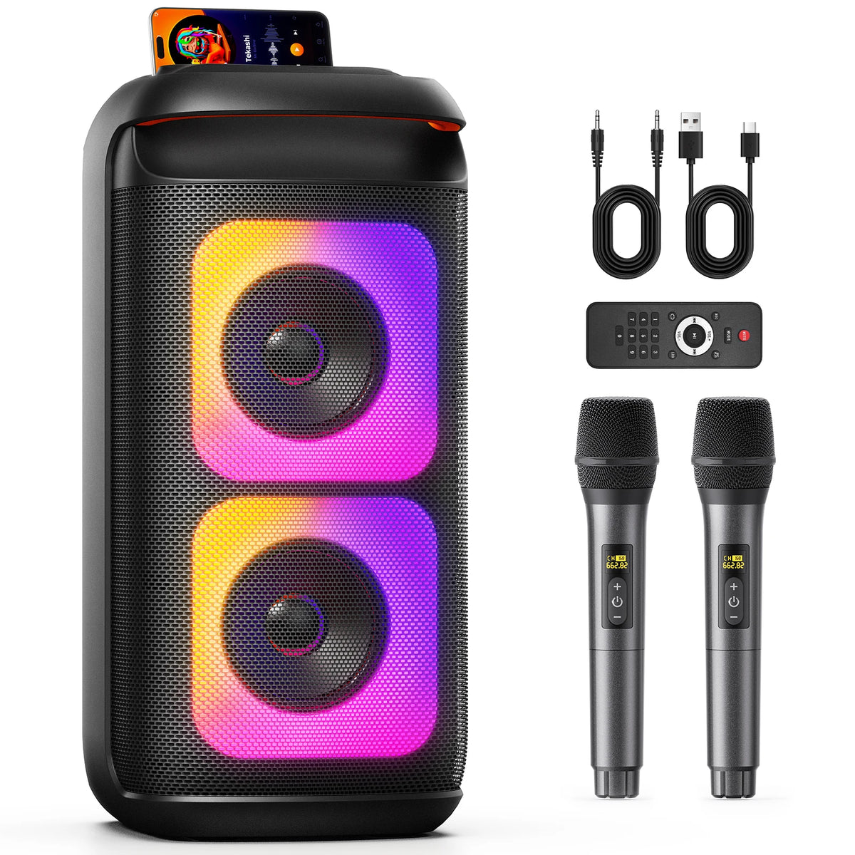 Altavoz Bluetooth Grande T37, Máquina de Karaoke con Dos Micrófonos, USB, Tarjeta TF, Grabación, TWS, Altavoz de Karaoke con Reverberación
