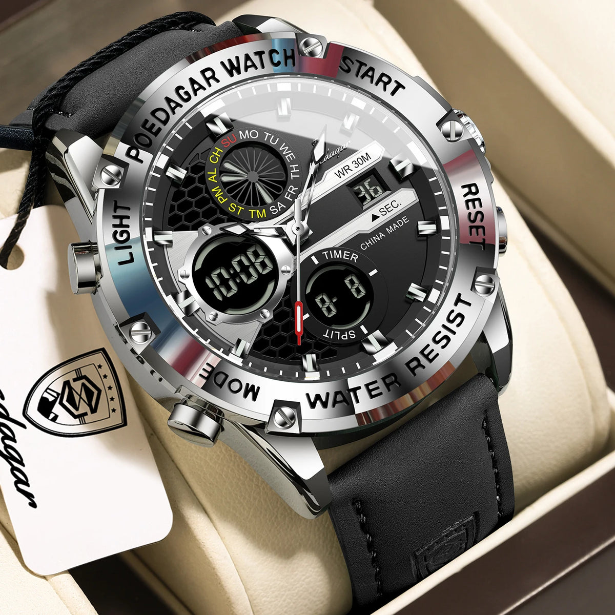 Reloj de hombre POEDAGAR Top Fashion, impermeable, electrónico, LED, de lujo, con pantalla de hora dual, digital, de cuarzo y correa de piel
