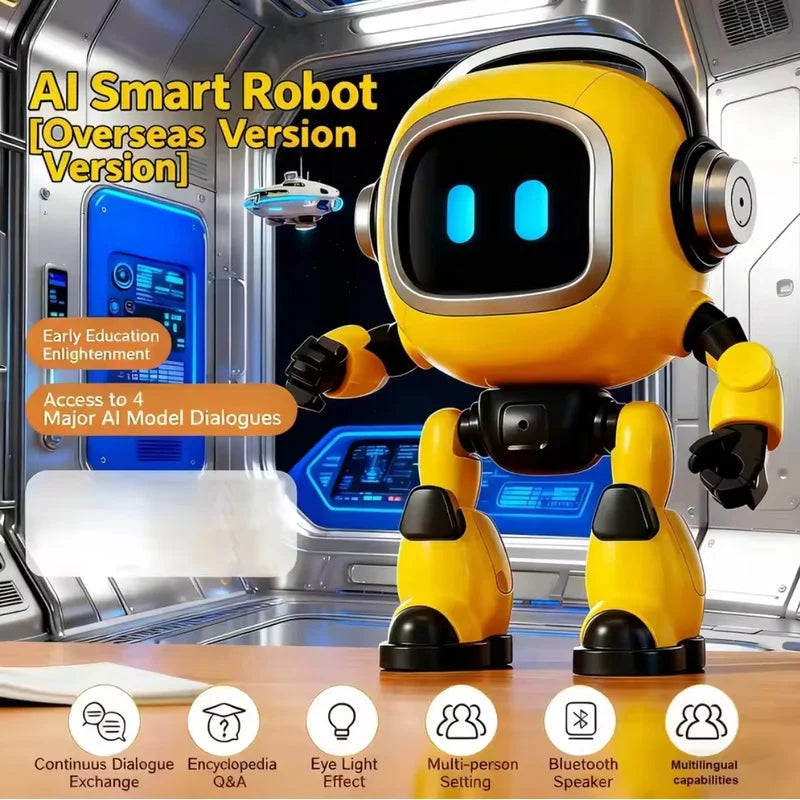 Robot educativo amarillo con pantalla azul y auriculares, cuerpo y patas articuladas