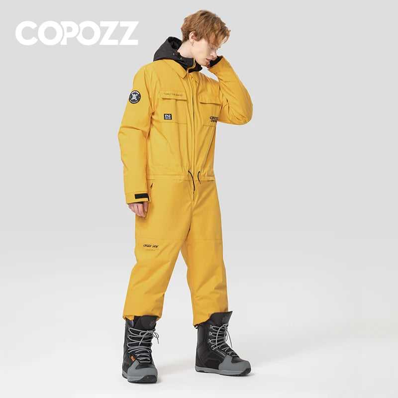 Traje de esquí de invierno de una pieza para hombre y mujer, mono de esquí grueso, impermeable, cálido, ropa para deportes al aire libre, monos de Snowboard con capucha