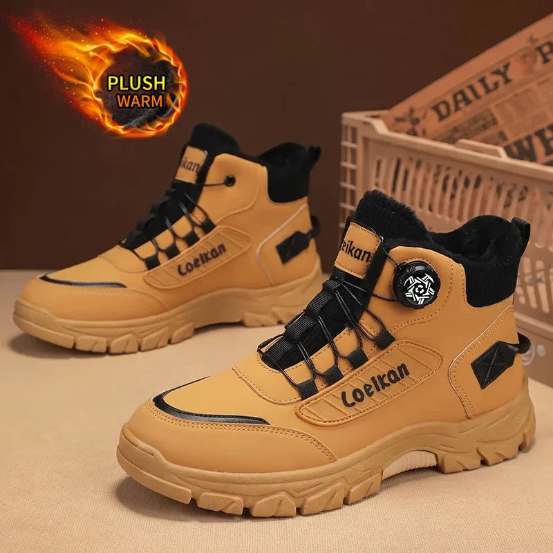 Botas de invierno cálidas de forro polar para hombre, con hebilla giratoria, caña alta, suela gruesa antideslizante, zapatos cómodos para la temporada fría y uso diario en la ciudad.